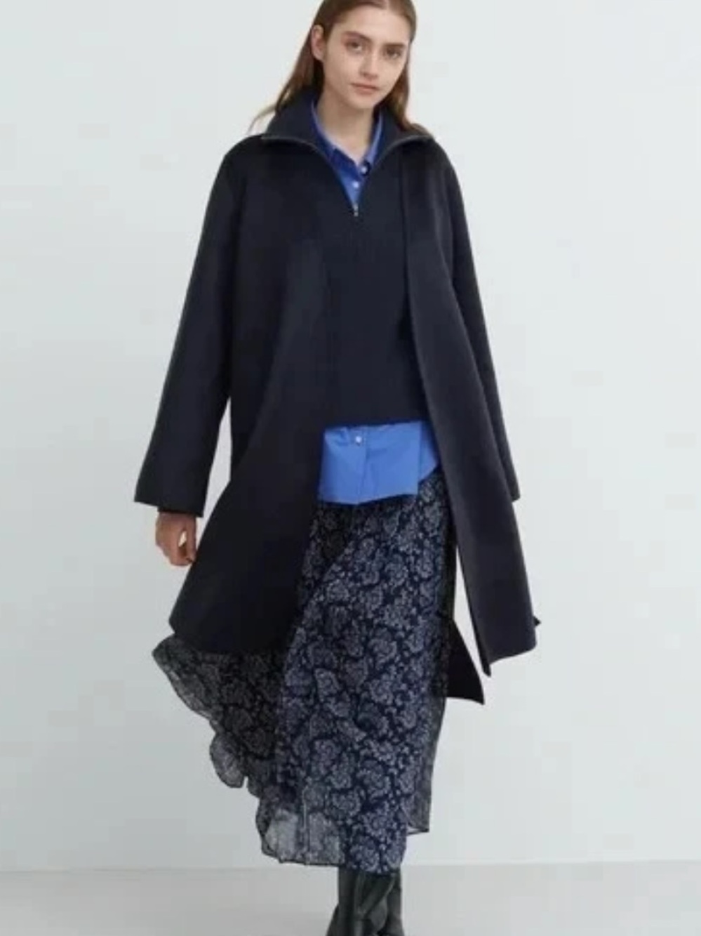 uniqlo x comptoir des cotonniers Navy Belted Open-Front Trench Coat XS Wool